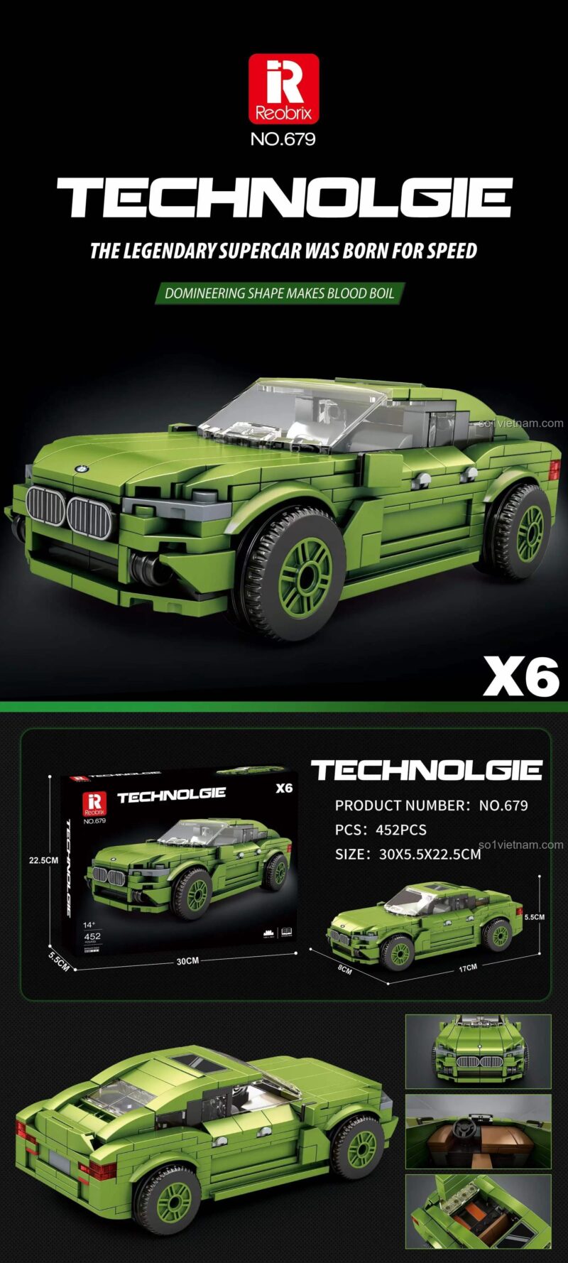 Kích thước chi tiết của bộ lắp ráp Reobrix 679 Xe SUV hạng sang BMW X6, dài 17cm.