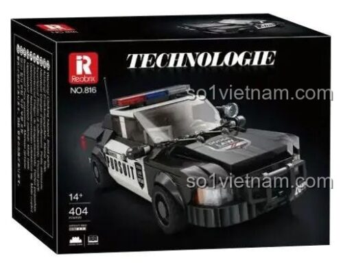 Hộp sản phẩm của đồ chơi mô hình Reobrix 816, thể hiện hình ảnh xe cảnh sát Dodge Charger Pursuit hầm hố, gồm 404 chi tiết.