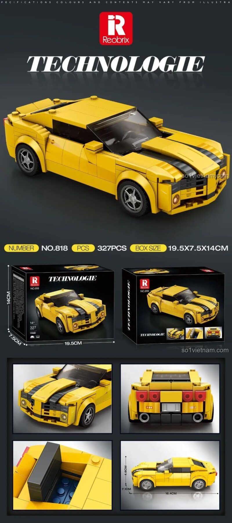 Kích thước chi tiết của bộ lắp ráp Chevrolet Camaro Bumblebee, dài 16.4cm, phù hợp trưng bày.