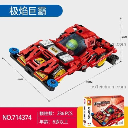 SEMBO 714374 Xe đua "Cực Diễm Cự Bạo" kích thước mô hình 13.2x8.5x4.5cm, hộp 27.5x19.5x5.8cm, 236 chi tiết, độ tuổi 6+