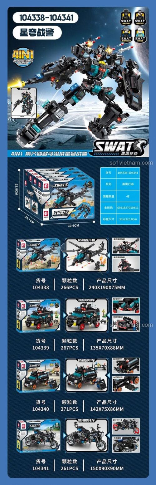 đồ chơi mô hình Xe quân sự SWAT SEMBO 104339, Chiến Binh Tinh Không 104 339 lắp được 5 kiểu, cho con trai 6 tuổi