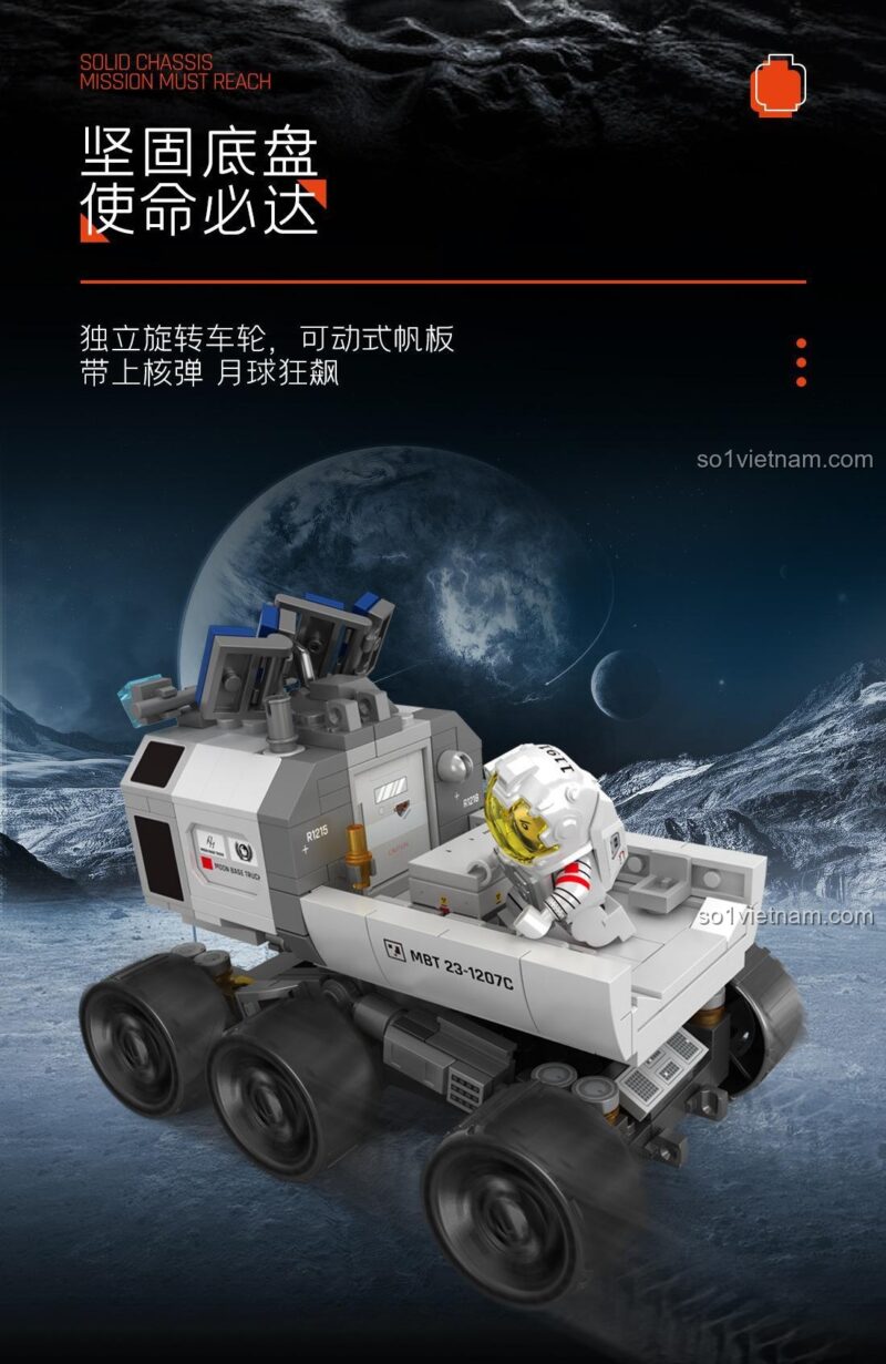 Hình ảnh quảng cáo bộ đồ chơi Sembo 107106 với cả 4 mô hình cùng thực hiện nhiệm vụ Địa-Nguyệt, một món quà ý nghĩa cho fan phim khoa học viễn tưởng.