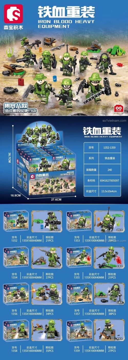 Bộ lắp ghép Minifigure quân đội SEMBO 1352-1359 với 232 chi tiết, thể hiện kích thước hộp, phù hợp bé trai 6 tuổi, chất lượng cao.