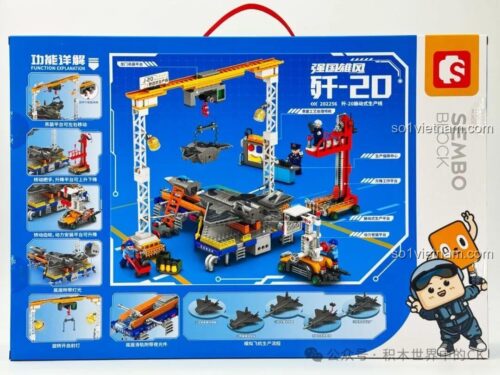 đồ chơi mô hình Sembo 202256 Dây Chuyền Sản Xuất Máy Bay Chiến Đấu J-20, hiển thị các tính năng cần cẩu, nền tảng di chuyển, phù hợp bé trai 6 tuổi
