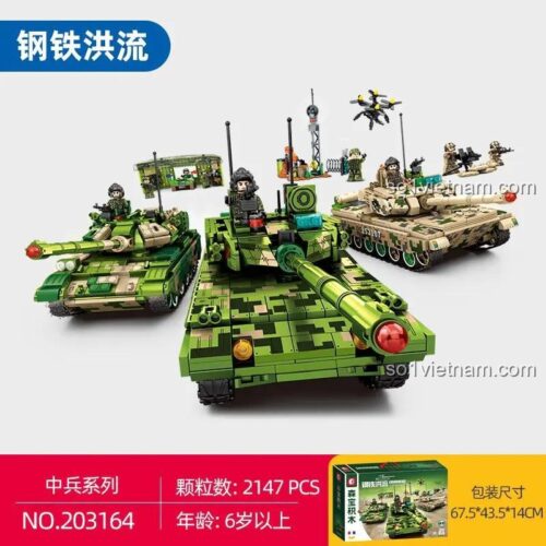 Hộp sản phẩm bộ 3 xe tăng quân sự SEMBO 203164 và các mẫu xe tăng lắp ráp