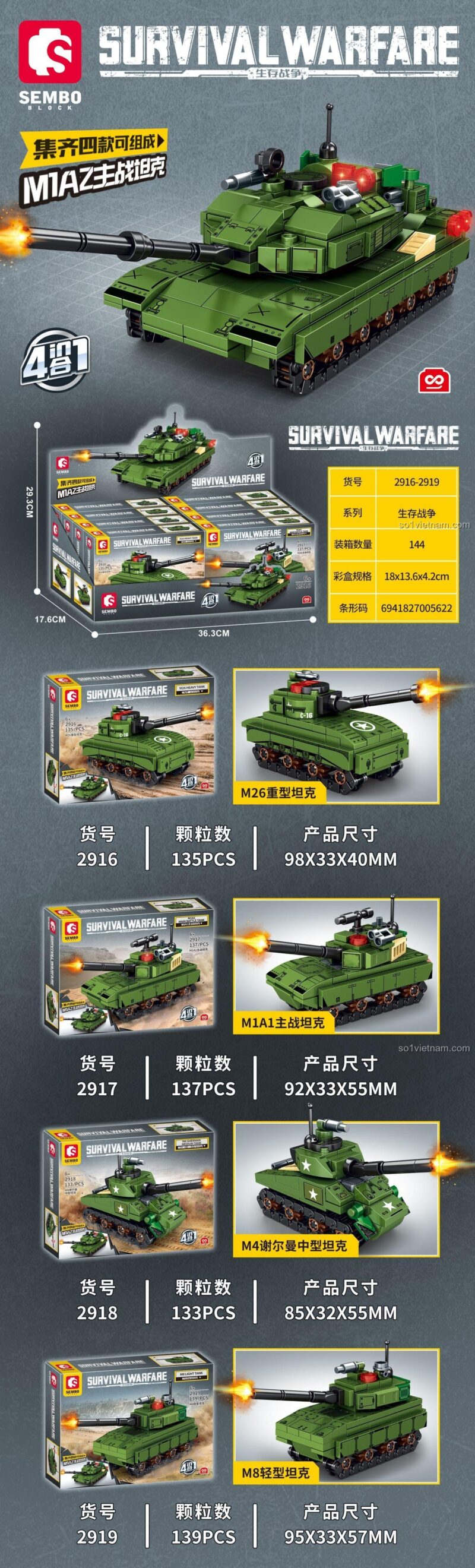 SEMBO 2917 Xe tăng M1A2 Survival Warfare bộ đồ chơi lắp ráp quân sự cho bé trai 6 tuổi lắp 4 mẫu