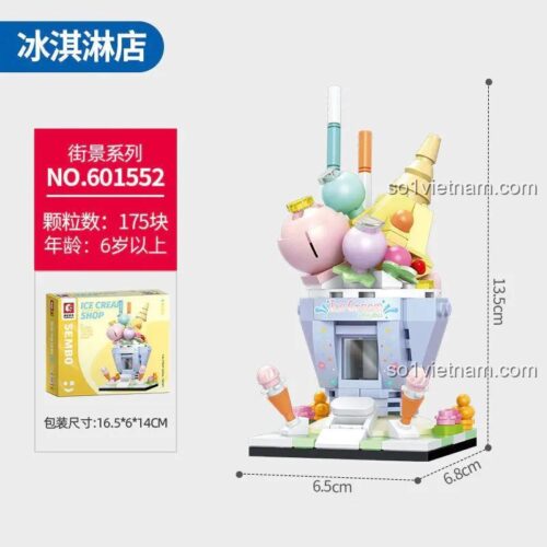 SEMBO 601552 Tiệm Kem Mini bộ lắp ghép mô hình cửa hàng kem hộp và kích thước sản phẩm cho bé gái 6 tuổi