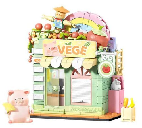 Ảnh chụp chính diện bộ lắp ghép Cửa hàng rau củ Vege Sembo 608074 với nhân vật Heo LuLu đứng phía trước. Đồ chơi cho bé gái 6 tuổi, giá rẻ.