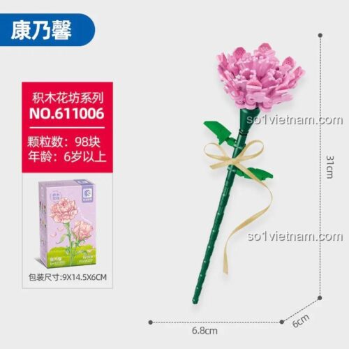 Hộp đồ chơi lắp ghép Hoa Cẩm Chướng SEMBO 611006, mô hình Hoa Cẩm Chướng cho bé gái 6 tuổi, giá rẻ. Kích thước hộp 9x14.5x6cm.