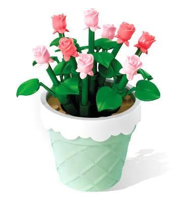 Hình ảnh chính diện bộ lắp ghép Chậu hoa hồng Sembo 611060. Món quà giá rẻ cho bé gái 6 tuổi, giúp trang trí bàn học thêm xinh xắn.