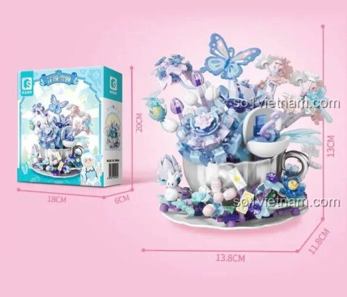 Kích thước chi tiết của bộ xếp hình Sembo 611103 Tách trà hoa và hộp sản phẩm, món quà sáng tạo cho con gái.