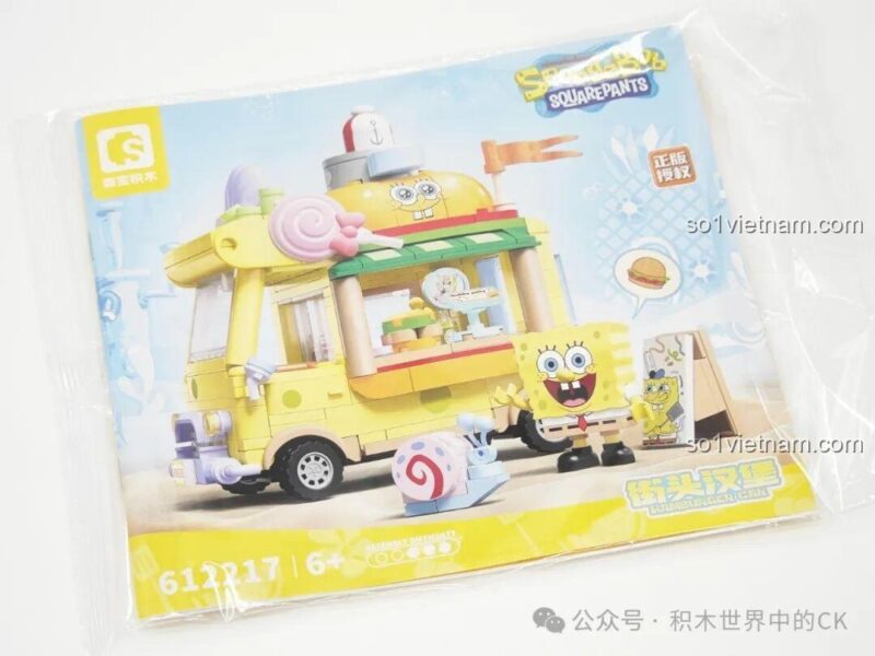 Góc nhìn hộp đồ chơi lắp ghép Xe bán đồ ăn nhanh SpongeBob Sembo, cho bé trai và bé gái 6 tuổi