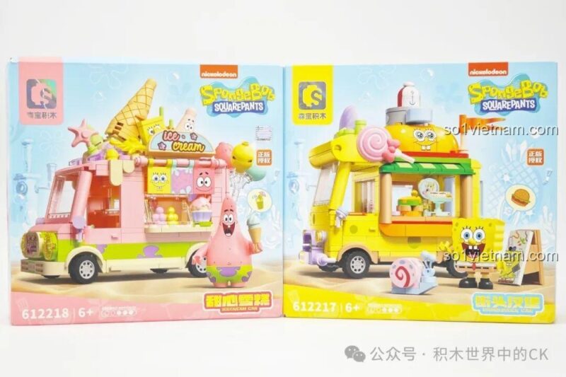 Hộp đồ chơi lắp ghép 612217 Sembo, mặt trước với hình ảnh xe bán hamburger SpongeBob