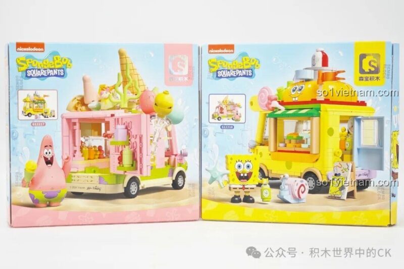 Mặt sau hộp bộ lắp ghép SEMBO 612218 Xe Kem Ngọt Ngào Patrick Star SpongeBob, thể hiện các tính năng và chi tiết của mô hình xe kem.