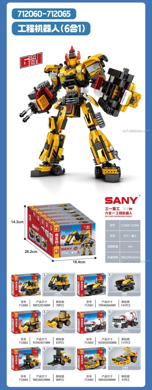Đồ chơi mô hình Robot Kỹ Sư SANY, đồ chơi xây dựng 712060-712065 chất lượng cao, hộp sản phẩm và các mẫu xe công trình nhỏ cho bé trai 6 tuổi.