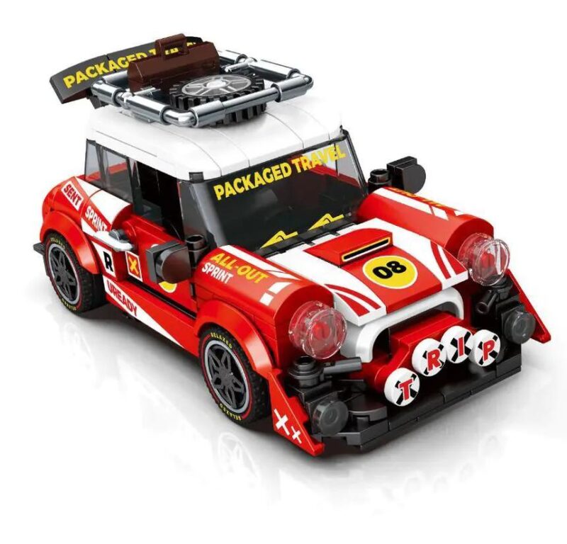 Hình ảnh chính diện bộ lắp ghép Xe đua Mini Cooper Sembo 714008, một món đồ chơi mô hình giá rẻ cho bé trai 6 tuổi.