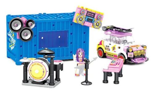 Ảnh chụp bộ lắp ghép Sembo 714508 Ban Nhạc Hoang Dã với sân khấu container, xe hơi và minifigure nhạc công, đồ chơi cho bé gái 6 tuổi giá rẻ.