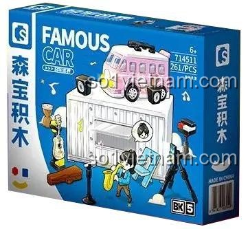 Toàn cảnh bộ lắp ghép Xe van biểu diễn đường phố Sembo 714511, bao gồm xe van hồng, container trắng, minifigure và các phụ kiện âm nhạc. Đồ chơi cho bé gái 6 tuổi giá rẻ.