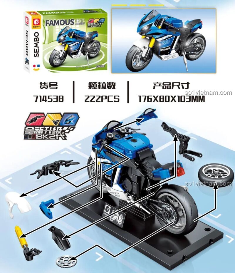Hộp bộ lắp ghép SEMBO 714538 Mô Tô Thể Thao Yamaha R1 với 222 mảnh ghép, kích thước mô hình 17.6x8x10.3 cm, đồ chơi mô hình giá tiết kiệm cho bé trai