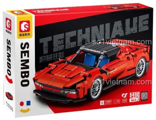 Hình ảnh hộp sản phẩm của bộ lắp ráp Xe đua Ferrari SP4 Sembo 715305, thể hiện rõ thương hiệu, mã sản phẩm và hình ảnh siêu xe Technic.