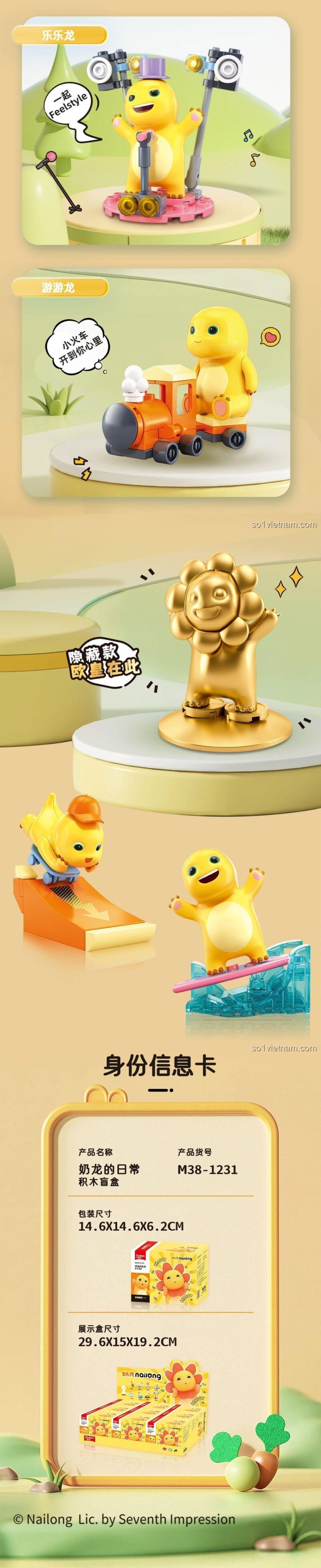 Thông tin chi tiết và kích thước sản phẩm Figure Rồng Sữa Nailong Sluban M38-1231, món quà sáng tạo cho bé gái.