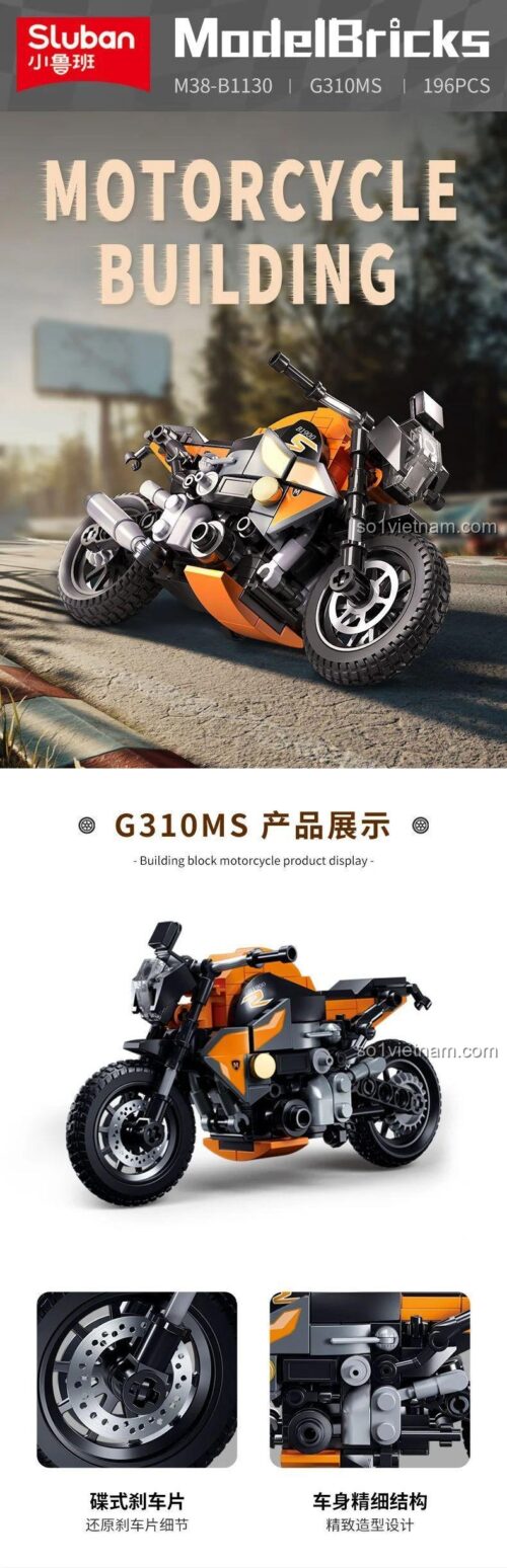 đồ chơi mô hình Sluban M38-B1130, mô hình xe mô tô BMW G310MS đang chạy, đồ chơi lắp ráp cho bé trai 6 tuổi, chất lượng cao