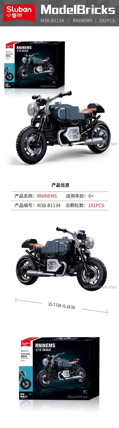 Hộp bộ đồ chơi mô hình Sluban M38B1134, xe máy BMW R NineT B1134 với 191 chi tiết, thể hiện kích thước mô hình 15.7cm.