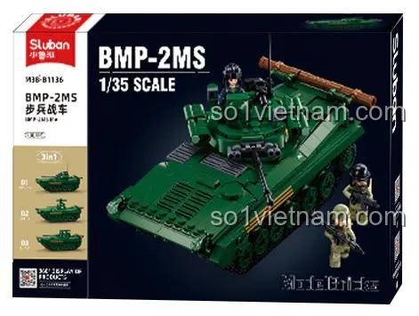 Hộp bộ lắp ghép Sluban M38-B1136 Xe chiến đấu bộ binh BMP-2MS, tỉ lệ 1:35, đồ chơi lắp ráp cho bé trai 8 tuổi.