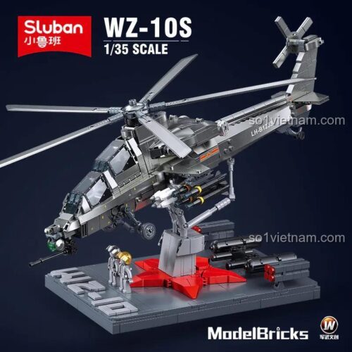 Hộp sản phẩm bộ đồ chơi trực thăng tấn công WZ-10S Sluban M38-B1233, có hình ảnh trực thăng và thông tin tỉ lệ 1:35, phù hợp cho bé trai 6 tuổi