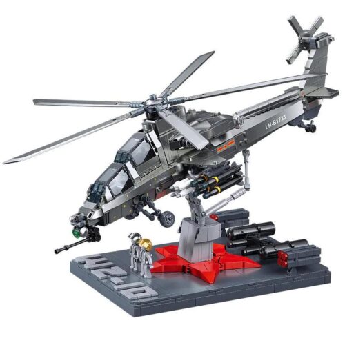 Mô hình trực thăng tấn công WZ-10S tỉ lệ 1:35 của Sluban, màu xám kim loại, có giá đỡ trưng bày, 2 minifigures, vũ khí có thể thay đổi, đồ chơi xây dựng cho bé trai 6 tuổi