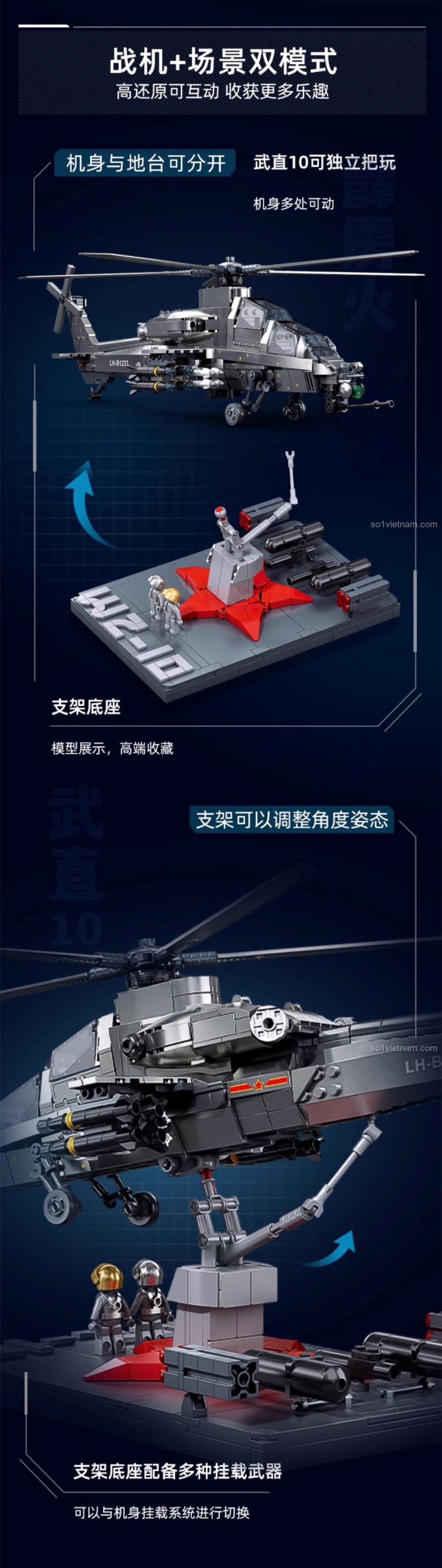 Mô tả sản phẩm bộ đồ chơi trực thăng tấn công WZ-10S Sluban M38-B1233, tỉ lệ 1:35, chất liệu kim loại sơn, đồ chơi mô hình quân sự