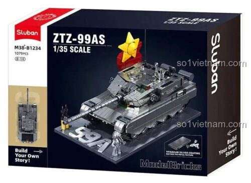 Hộp sản phẩm bộ đồ chơi xe tăng ZTZ-99AS Sluban M38-B1234, có hình ảnh mô hình hoàn chỉnh và thông tin chi tiết