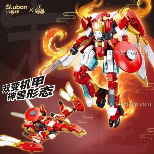 Đồ chơi mô hình Robot Biến Hình Chu Tước Sluban M38-B1277 với hai dạng cơ giáp và thần thú, phù hợp bé trai 8 tuổi, chất lượng cao.