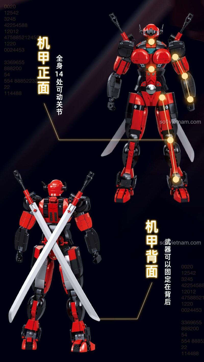 Các chi tiết khớp nối và decal của đồ chơi mô hình Robot Vĩnh Sinh Đao, giúp tăng độ chân thực.