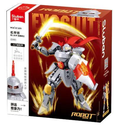 Hộp sản phẩm bộ lắp ghép Robot Hiệp Sĩ Kiếm Khiên Sluban M38-B1309, đồ chơi sáng tạo cho bé trai 8 tuổi, giá rẻ.