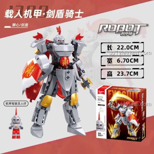 Kích thước hộp của đồ chơi mô hình Sluban M38-B1309 Mecha Hiệp Sĩ, cao 23.7cm, kèm minifigure phi công.
