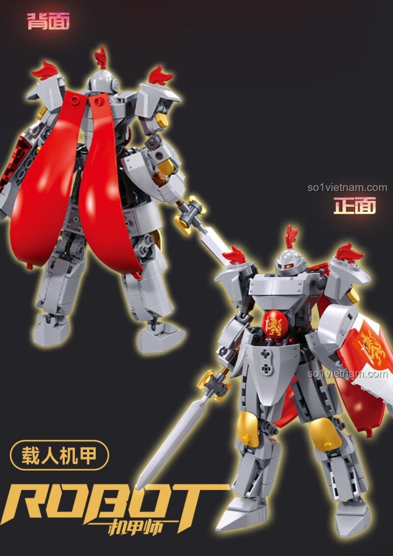 Mô hình Robot Chiến Binh Trung Cổ B1309 nhìn từ phía trước và sau, khoe áo choàng đỏ và thiết kế chi tiết.