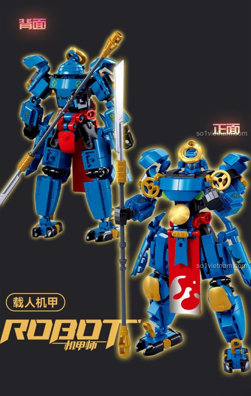 Mô hình Robot Samurai Quỷ Tuyết Liên M38 B1312 nhìn từ mặt trước và sau, chi tiết sắc nét, màu sắc bắt mắt.