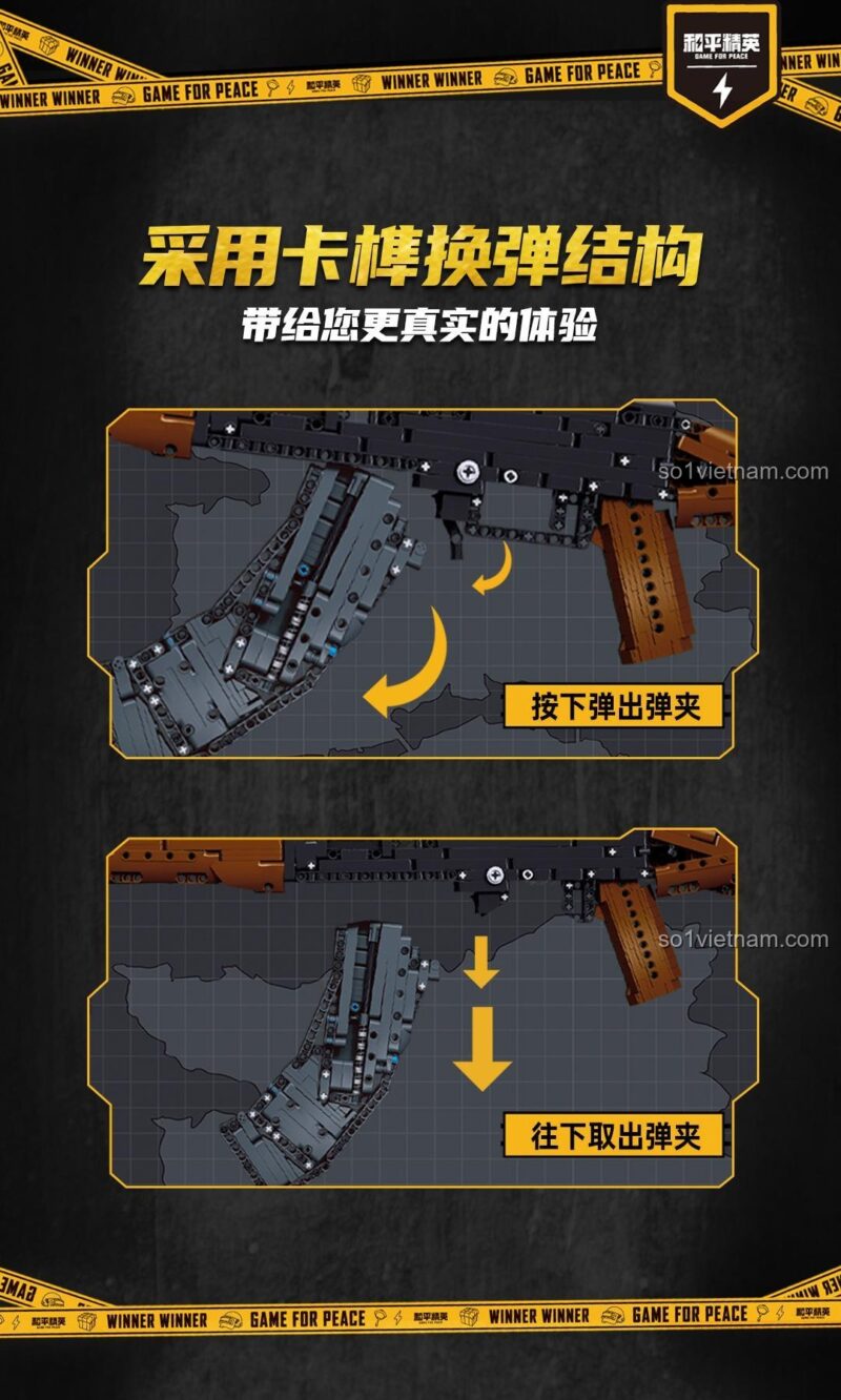 Cơ chế thay đạn nhanh chóng của mô hình súng AKM Sluban M38-B1350, đồ chơi mô hình Súng AKM Game for Peace, trải nghiệm chân thực, đáng tiền