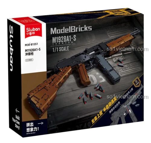 Hộp đồ chơi lắp ghép Súng Thompson trong Game for Peace Sluban M38-B1351, đồ chơi bắn đạn nhựa cho con trai 14 tuổi, giá rẻ.