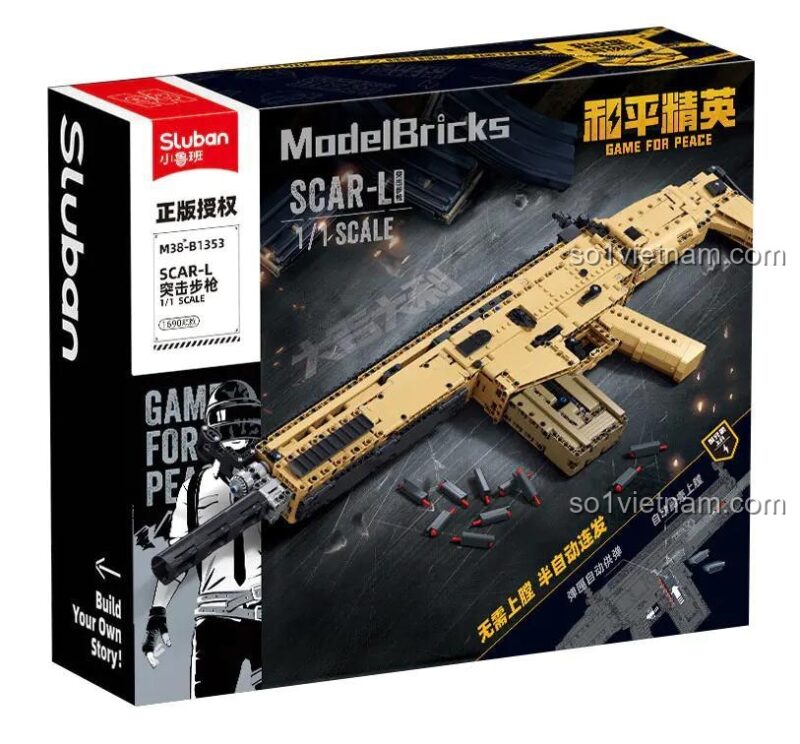 Hộp bộ lắp ghép Sluban M38-B1353 Súng trường tấn công SCAR-L, đồ chơi mô hình súng SCAR-L Game for Peace, 1690 chi tiết, cho con trai 14 tuổi.