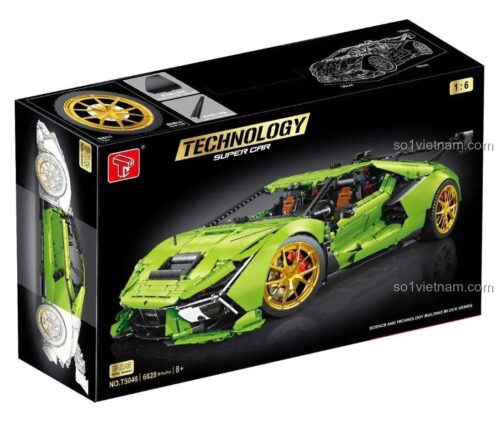 Hộp sản phẩm bộ xếp hình Siêu xe Aventador SVJ TGL T5046, thể hiện rõ mô hình xe và số chi tiết 6628 mảnh.