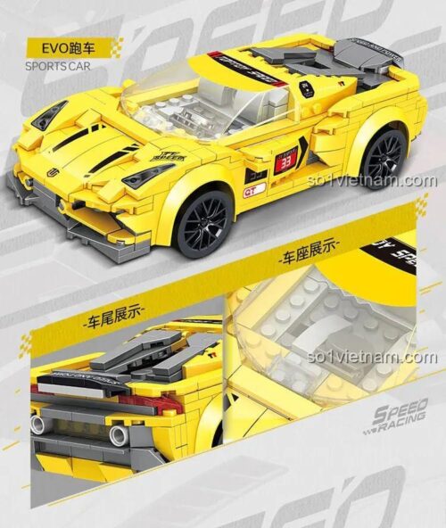 Chi tiết bộ lắp ghép Siêu xe EVO TOP TOY TC1717, mô hình xe thể thao màu vàng, thiết kế khí động học, bánh xe cao su, chi tiết nội thất xe, phù hợp làm đồ chơi giáo dục cho bé trai 6 tuổi.
