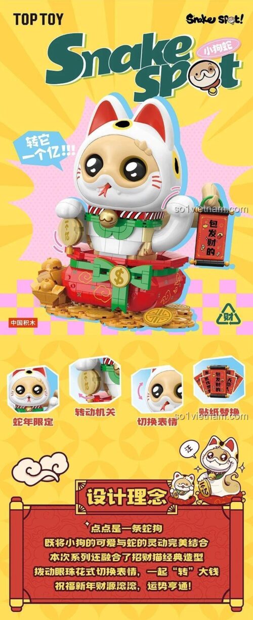 Mô hình Mèo Thần Tài Cún Rắn TC1829 của TOP TOY, bộ lắp ghép 800 mảnh, đồ chơi sáng tạo cho bé 8 tuổi