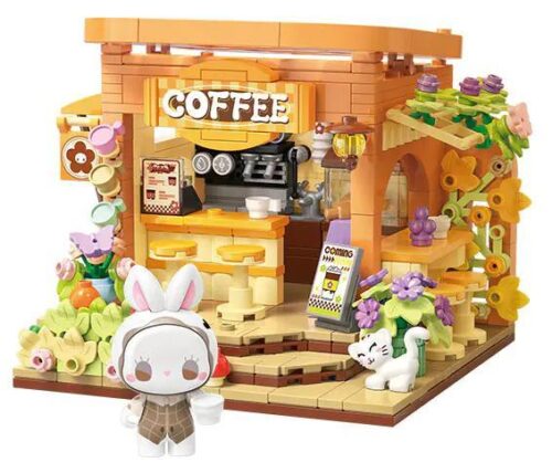 Mô hình quán cà phê EMMA 秘境庄园：花漾咖啡 TOP TOY TC2030 với minifigure thỏ và mèo, chi tiết sắc nét, màu sắc tươi sáng, phù hợp cho bé gái 8 tuổi