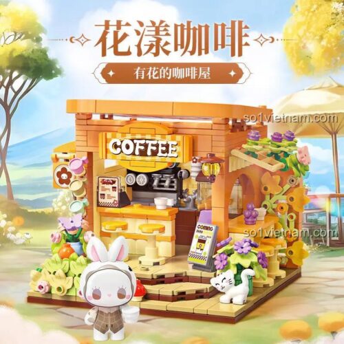 Tổng thể mô hình quán cà phê EMMA 秘境庄园：花漾咖啡 TOP TOY TC2030, có minifigure, chi tiết sinh động, màu sắc tươi sáng, phù hợp cho bé gái 8 tuổi