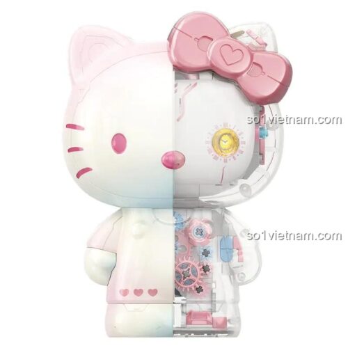 Mô hình Hello Kitty Bạc Kim Đại Thể TOP TOY TC2060, mặt trước và mặt sau, chi tiết bánh răng bên trong, màu hồng và trắng