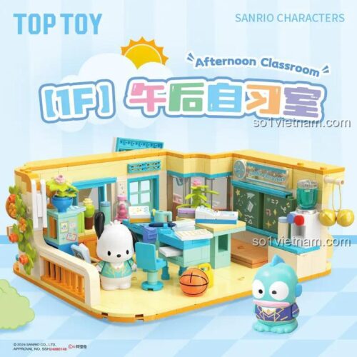Hộp sản phẩm bộ lắp ghép Học Viện Sanrio: Phòng Tự Học Buổi Chiều, có hình ảnh nhân vật Sanrio và mô hình, 500 mảnh, độ tuổi 8+