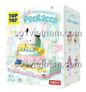 Hộp sản phẩm bộ đồ chơi lắp ghép Pochacco TOP TOY TC2306, có hình ảnh Pochacco và các nhân vật Sanrio khác, độ tuổi 6+, chất lượng cao, giá tốt