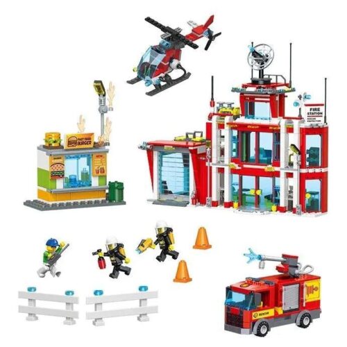 Mô hình bộ đồ chơi Đội Cứu Hỏa TOP TOY TC2810 với trạm cứu hỏa, xe cứu hỏa, trực thăng và minifigures